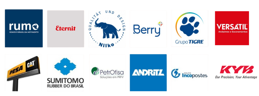 Clientes: Rumo, Eternit, Nilko, Berry, Grupo Tigre, Versatil, Pesa CAT, Sumitomo Rubber, PetrOfisa, Andritz, Incopostes e KYB